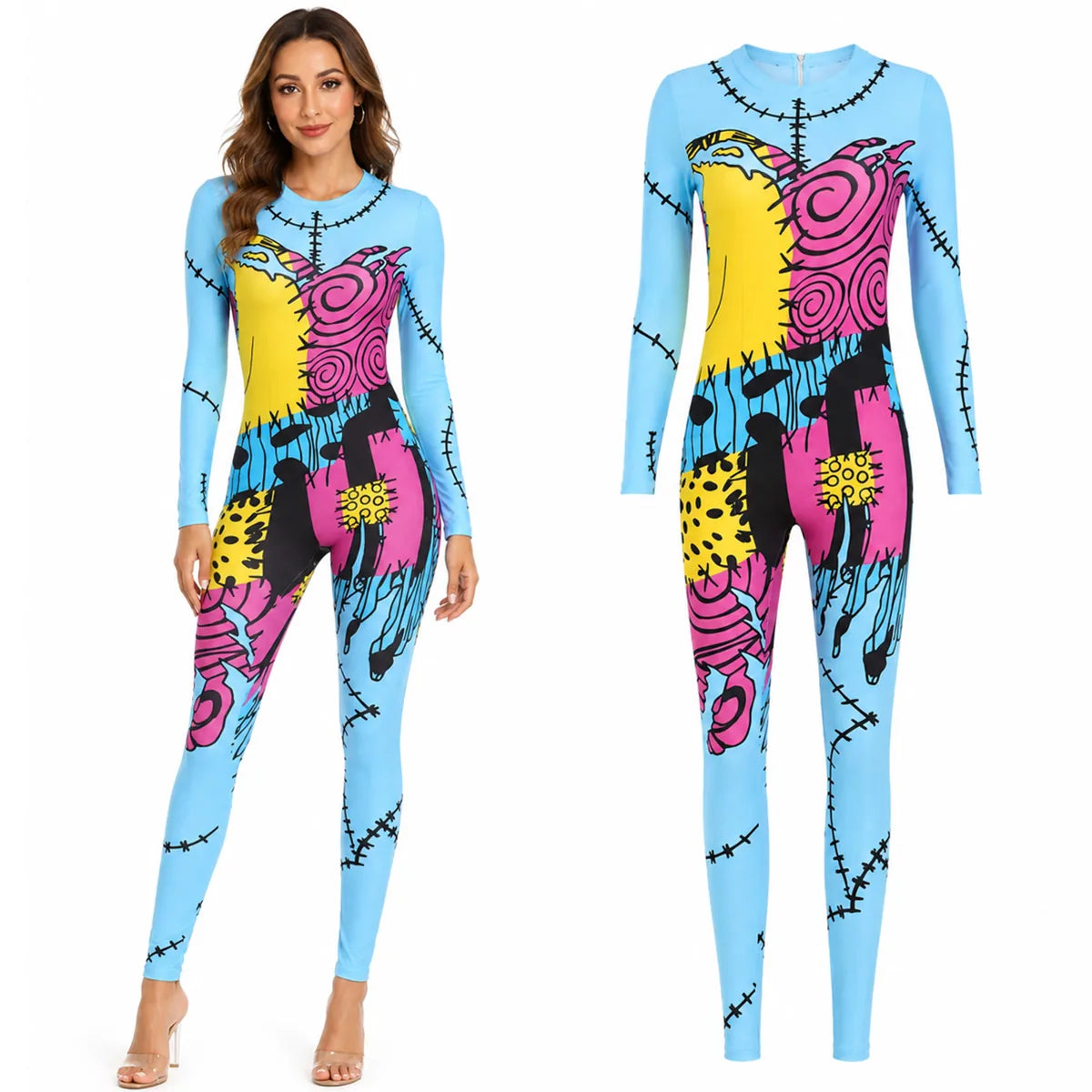 Women’s colorful patchwork doll jumpsuit costume front view