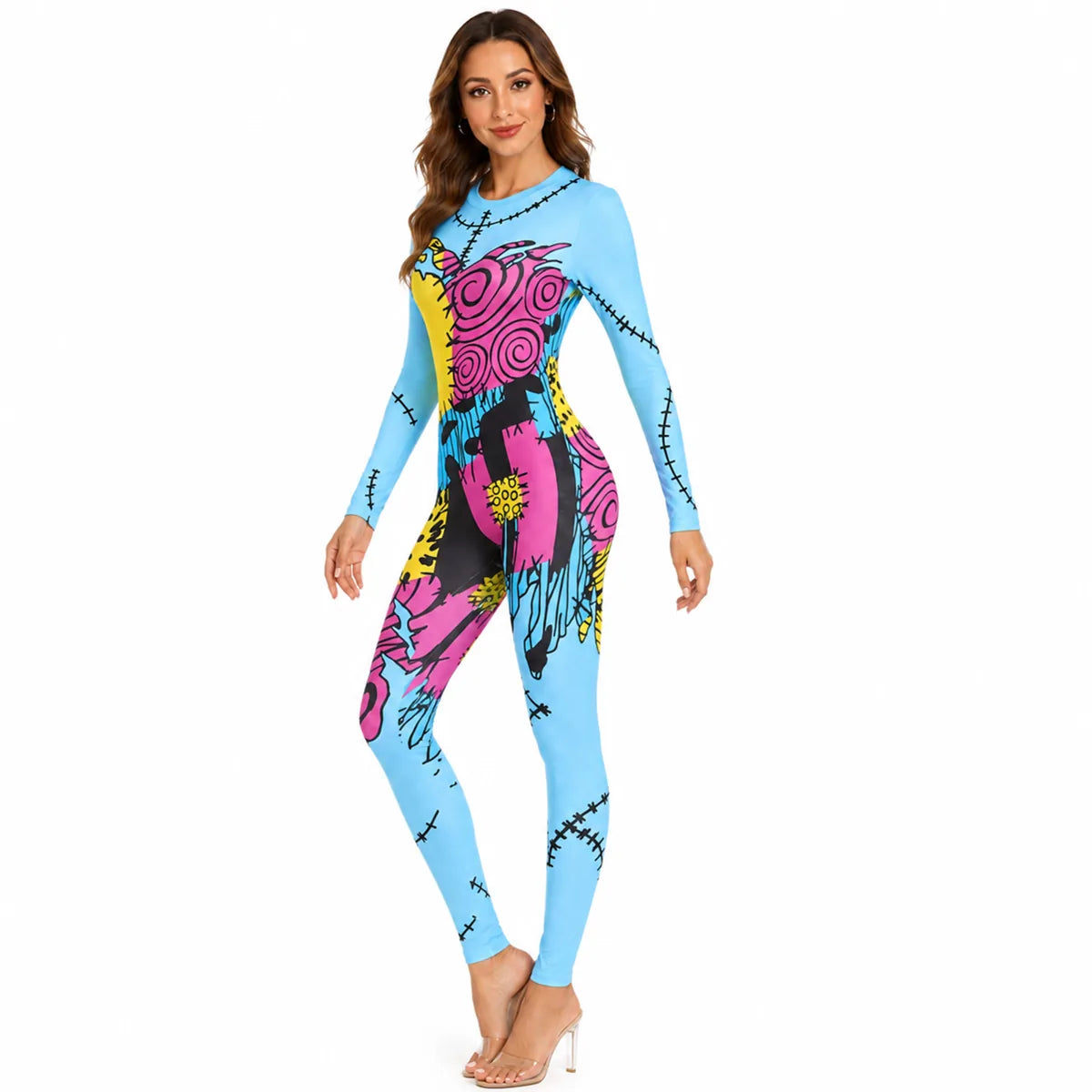 Woman modeling colorful patchwork doll jumpsuit costume