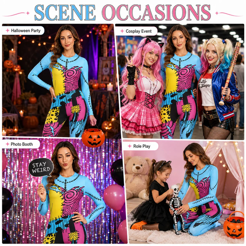 Colorful patchwork doll jumpsuit for Halloween cosplay and role play