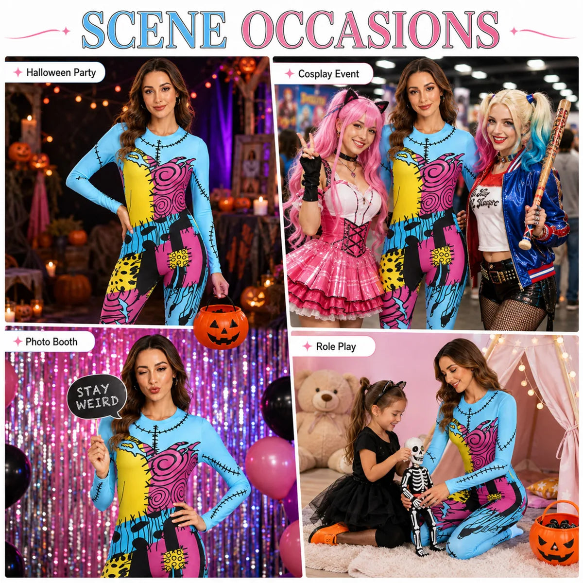 Colorful patchwork doll jumpsuit for Halloween cosplay and role play