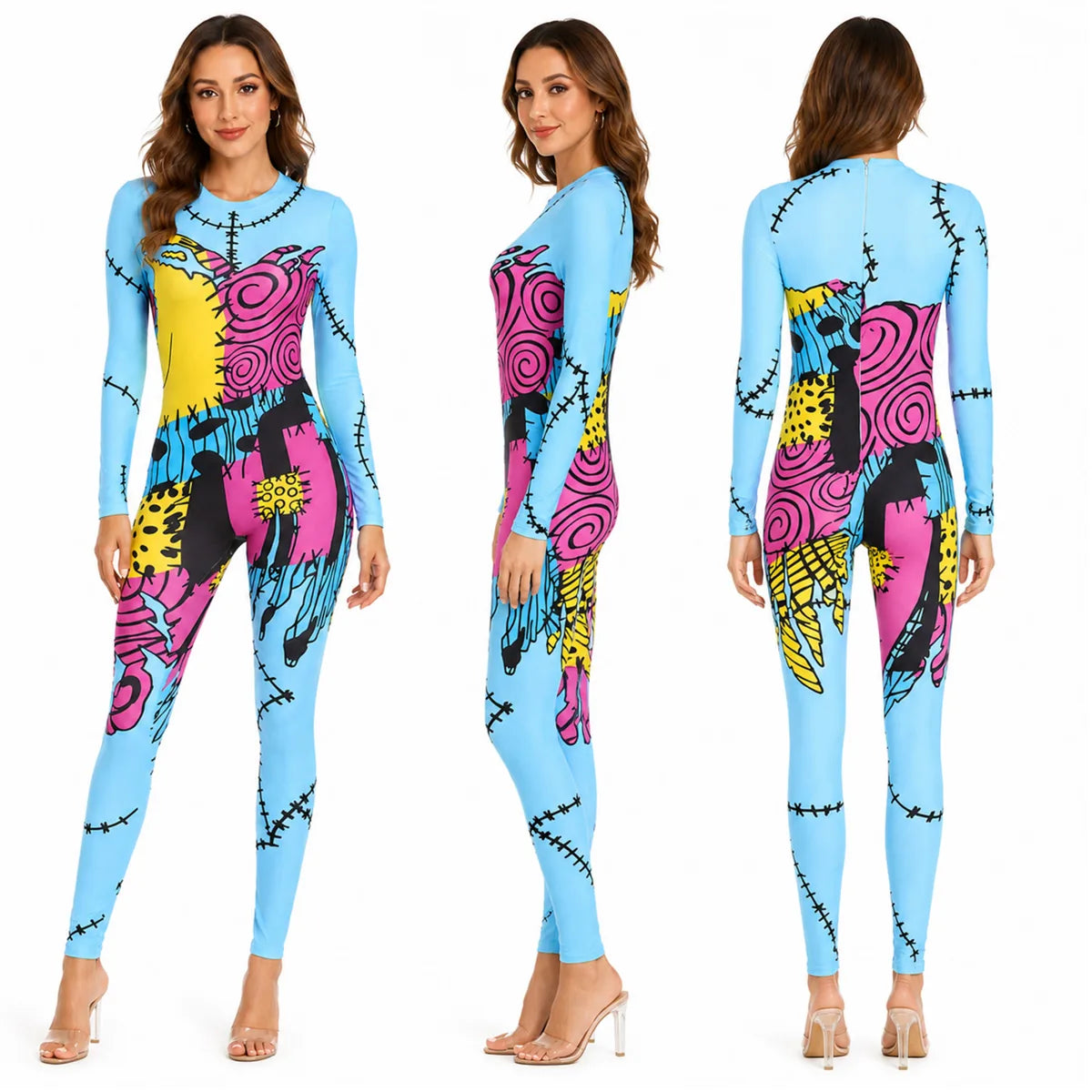 Colorful patchwork doll jumpsuit costume front side and back views