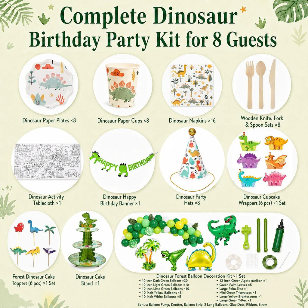 Complete dinosaur party kit for 8 guests with tableware, cake decorations, party hats, activity tablecloth and green balloon garland.