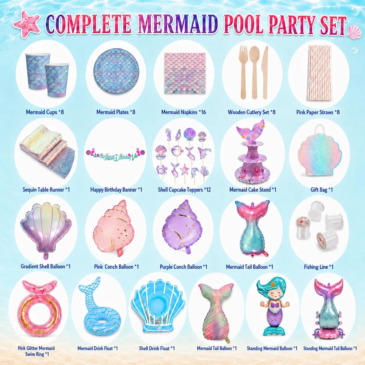 Complete mermaid pool party decorations set for 8 guests with themed tableware, cake stand, foil balloons, standing mermaid balloons, swim ring and floating drink holders