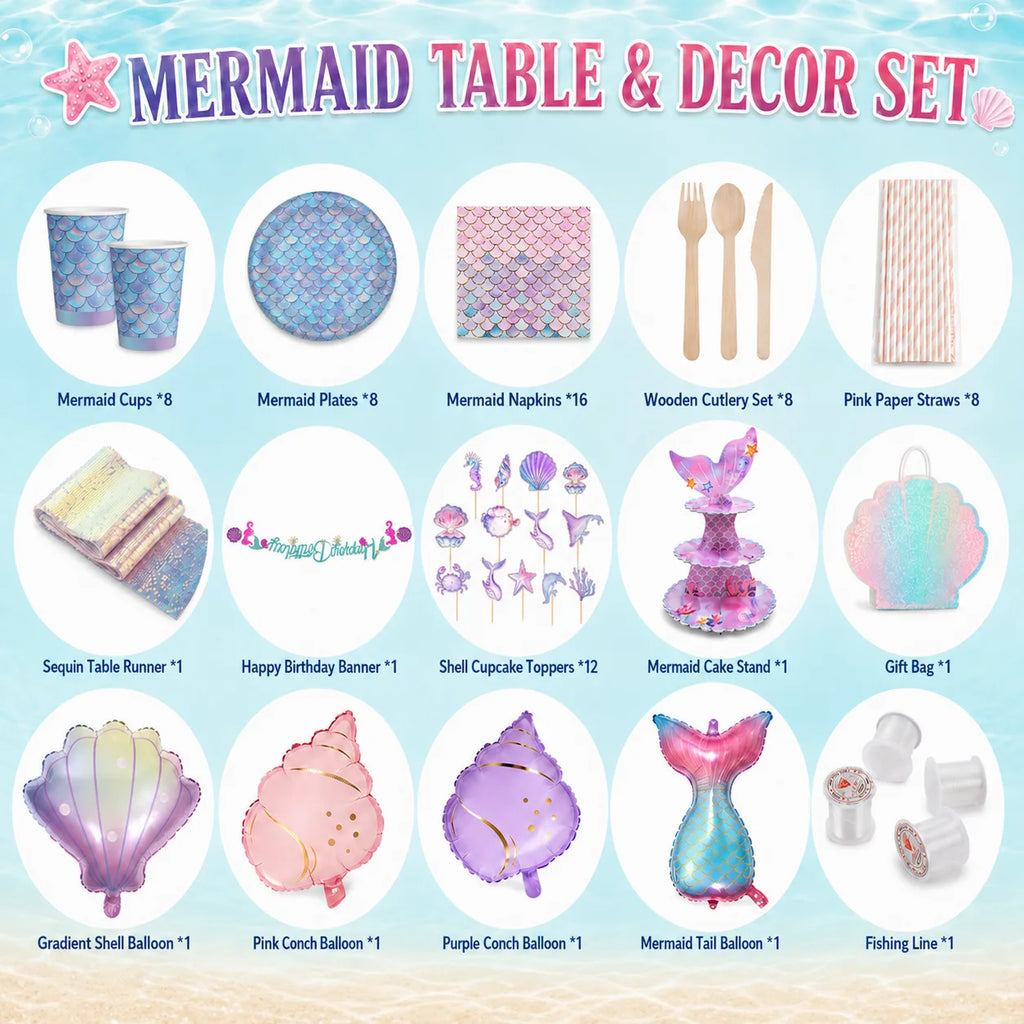 Mermaid birthday party table and decor set for 8 guests with themed tableware, cake stand, birthday banner, foil balloons, gift bag and inflation accessories