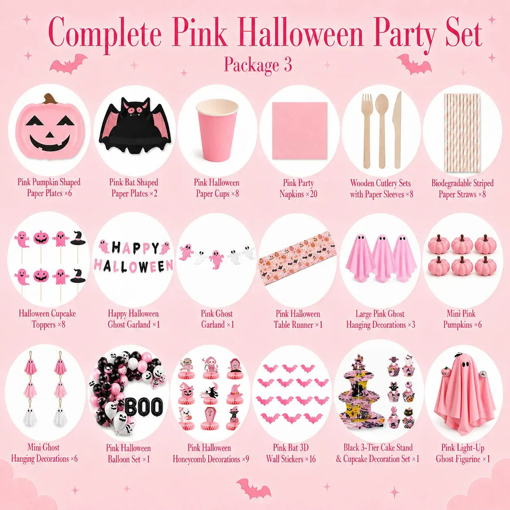 Complete pink Halloween party kit with tableware, ghost decorations, balloons, cupcake stand and light-up ghost
