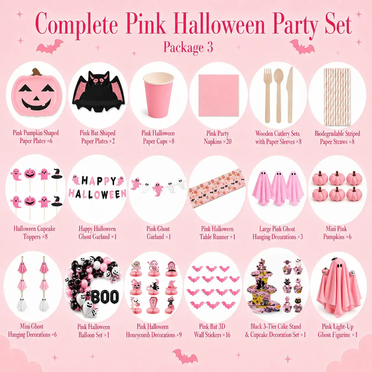 Complete pink Halloween party kit with tableware, ghost decorations, balloons, cupcake stand and light-up ghost