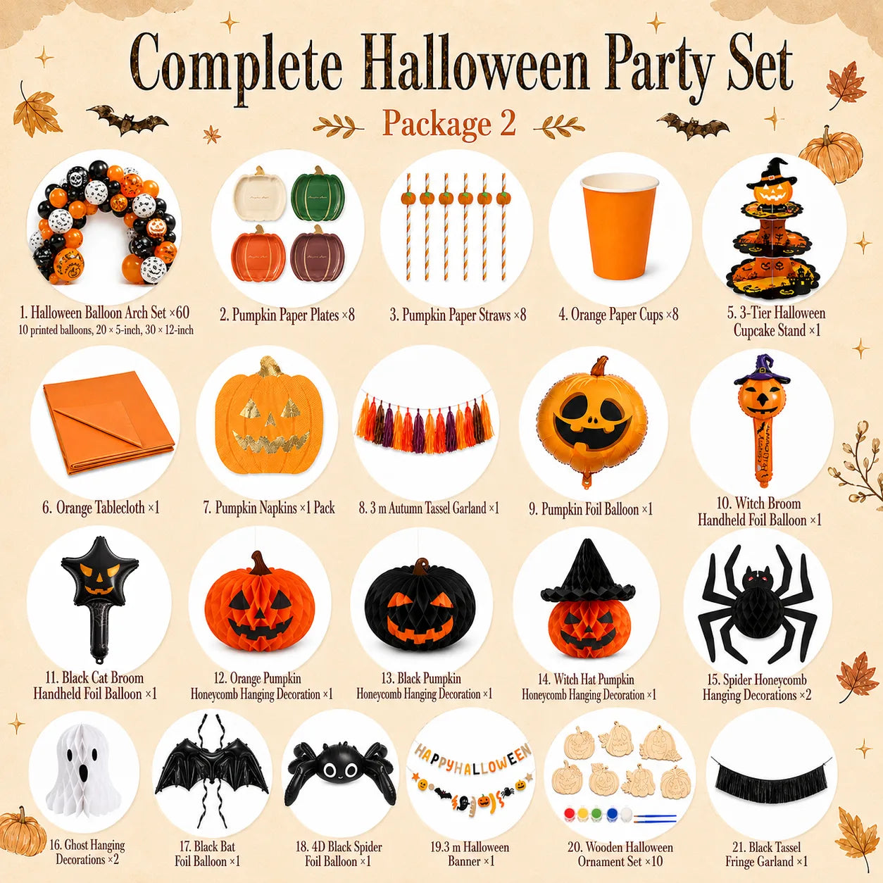 Complete pumpkin farm Halloween party set Package 2 with tableware, balloon arch, pumpkin plates, cups, cupcake stand, honeycomb decorations, ghost decor, foil balloons, banner and tassel garland