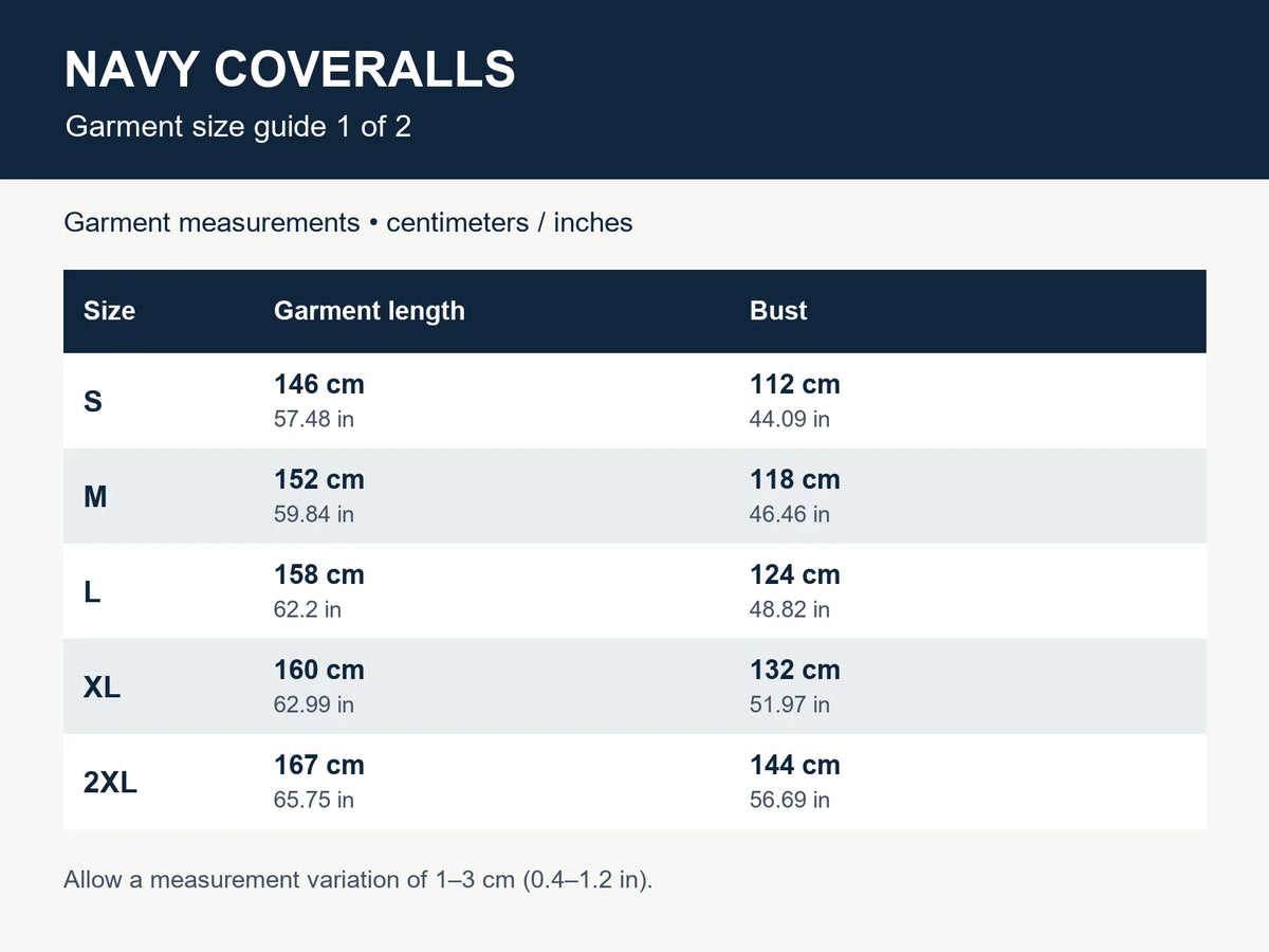 The navy coveralls size chart lists garment length and bust for S to 2XL in centimeters and inches.