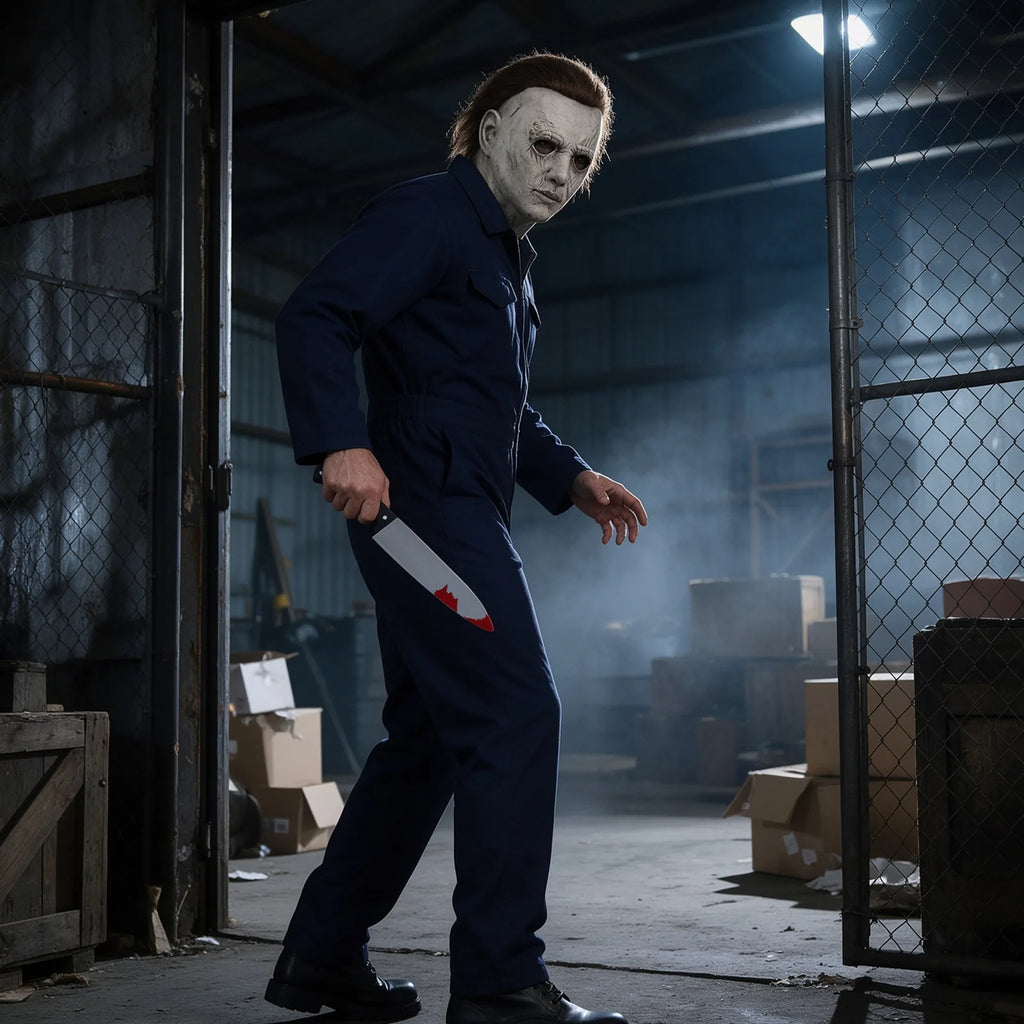 Michael Myers-inspired costume: navy horror coveralls and gray mask styled with the prop knife in an industrial corridor.