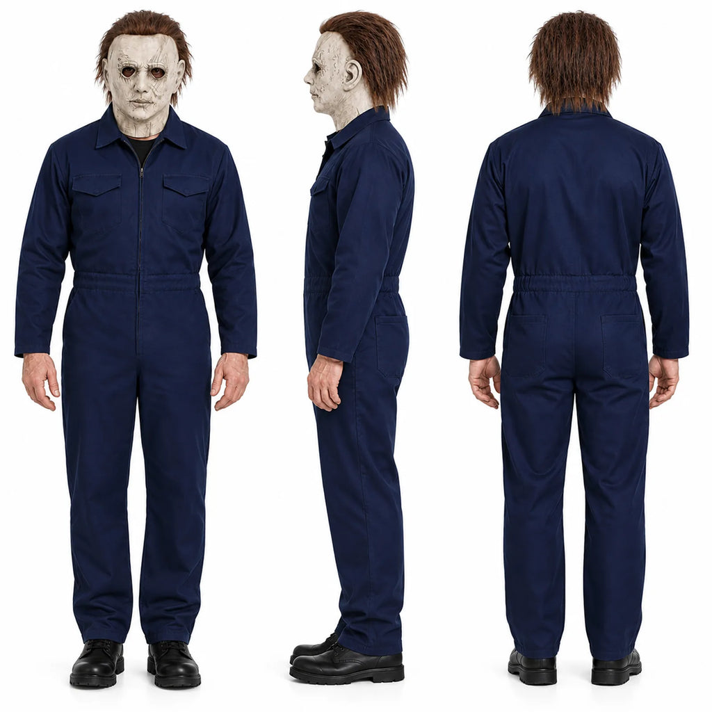 Michael Myers-inspired costume: front, side and back views of navy coveralls with rear pockets and a gathered back waist.