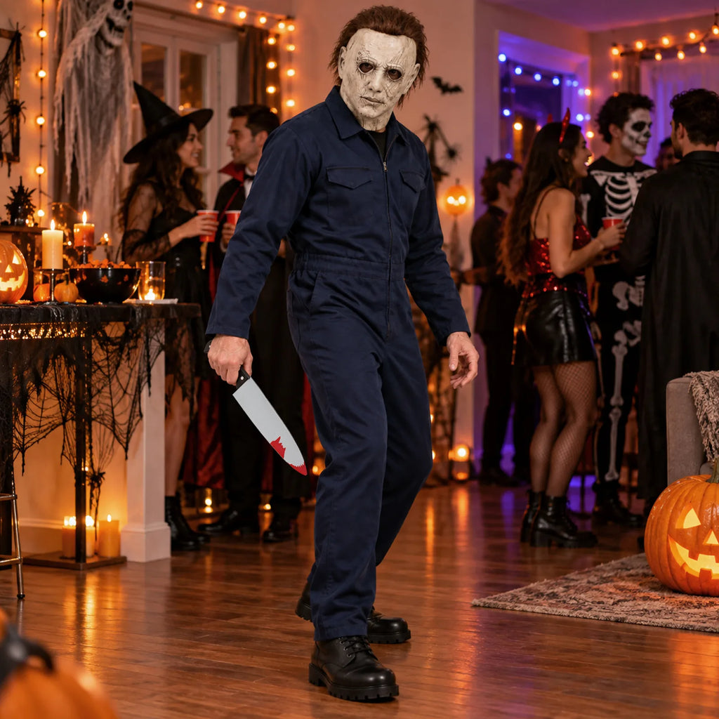 Michael Myers-inspired costume: navy coveralls and gray horror mask worn with the prop knife at a Halloween party setting.