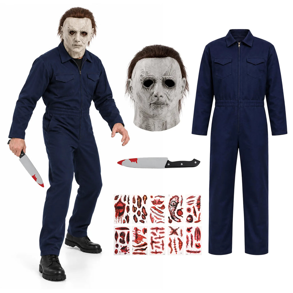 Michael Myers-inspired costume: navy coverall Halloween costume worn with a gray mask, with the prop knife and scar stickers shown alongside.