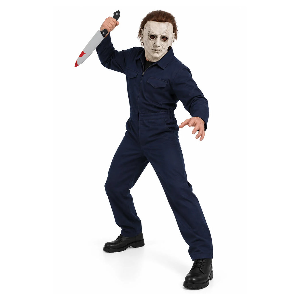 Michael Myers-inspired costume: model wearing navy coveralls and a gray horror mask while holding the included prop knife.