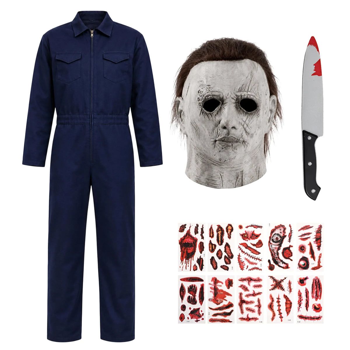 Michael Myers-inspired costume: navy coveralls, gray mask, prop knife and ten scar stickers arranged as the included set.