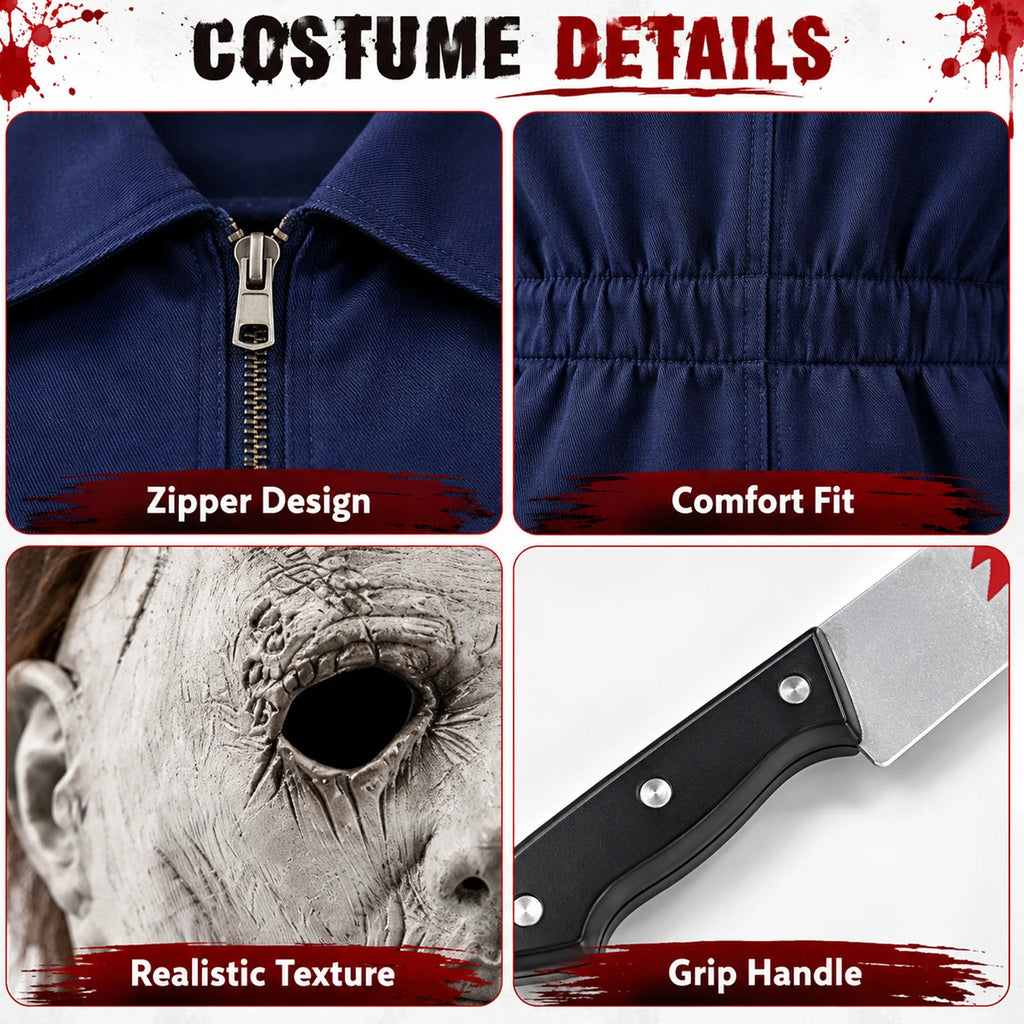 Close views of the front zipper, gathered waist, textured gray mask and prop knife handle.