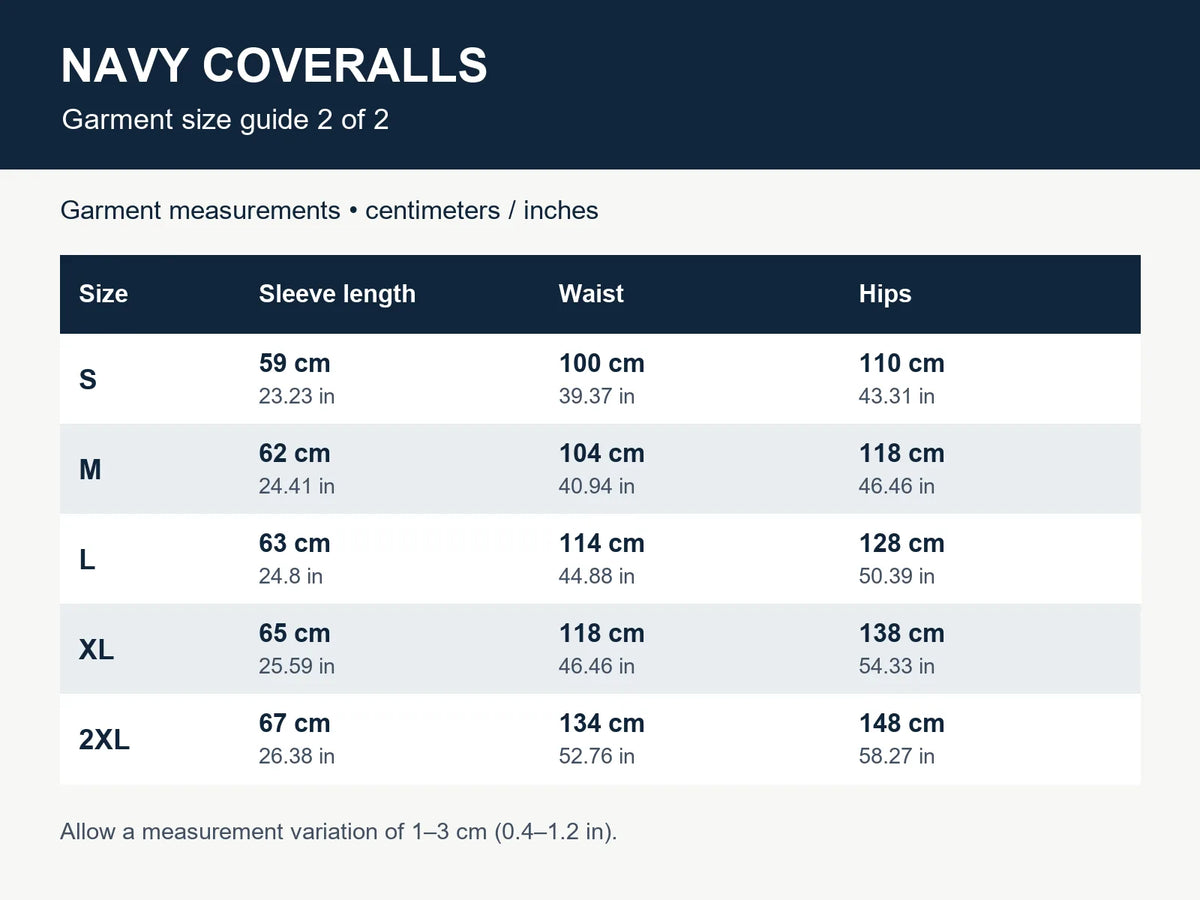 The navy coveralls size chart shows sleeve length, waist and hips for S to 2XL in centimeters and inches.