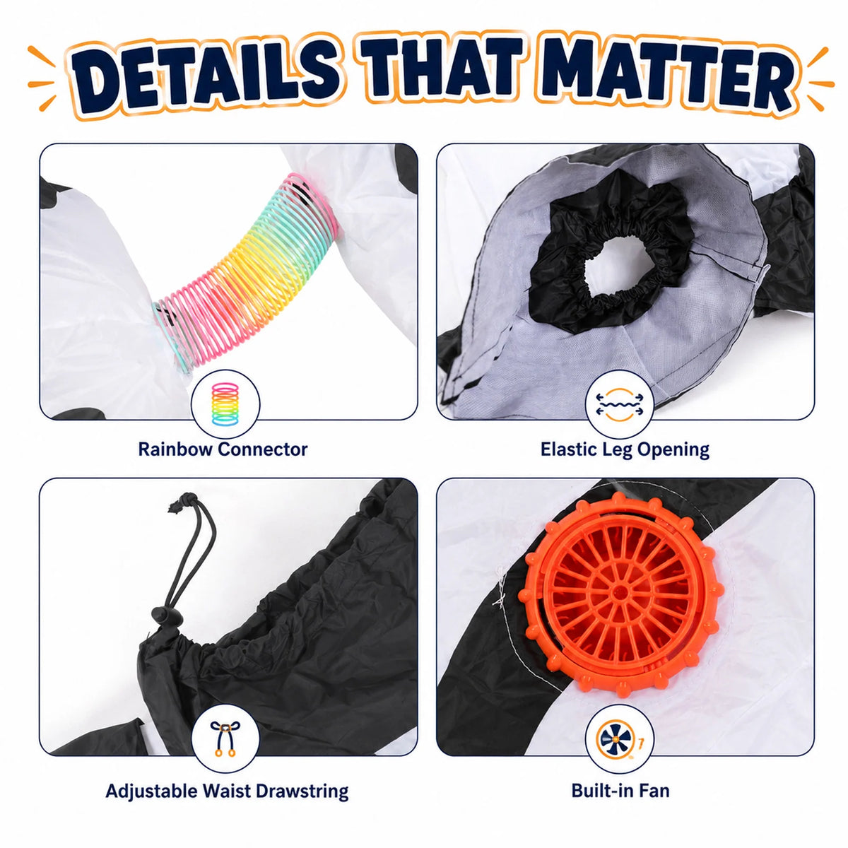 Close views highlight the rainbow connector, elastic leg opening, drawstring and fan
