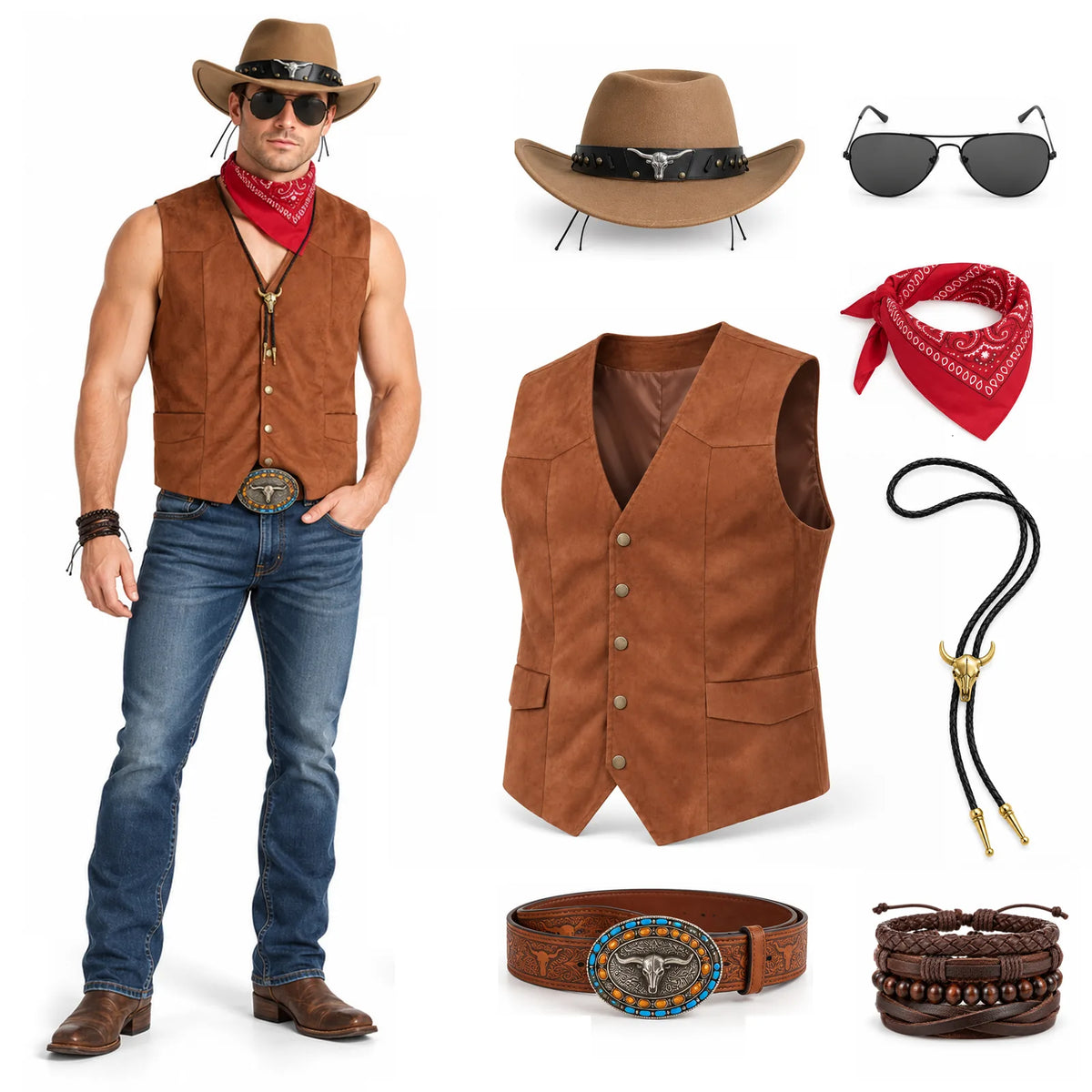 Cowboy costume accessories with a brown vest, hat, bandana, sunglasses, bolo tie, belt and bracelet set shown beside the model.