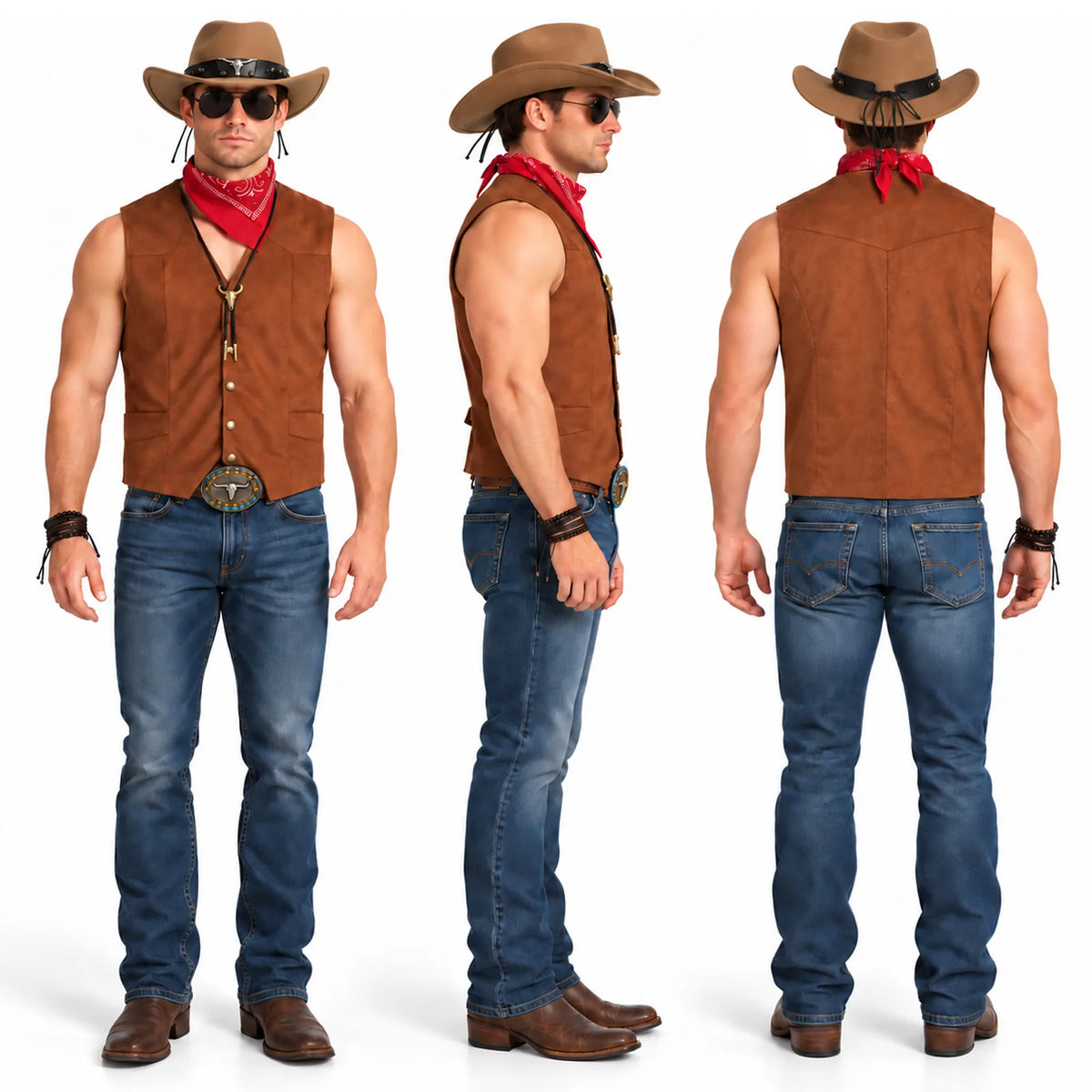 Front, side and back views show the cowboy costume vest with its sleeveless cut and brown back panel.