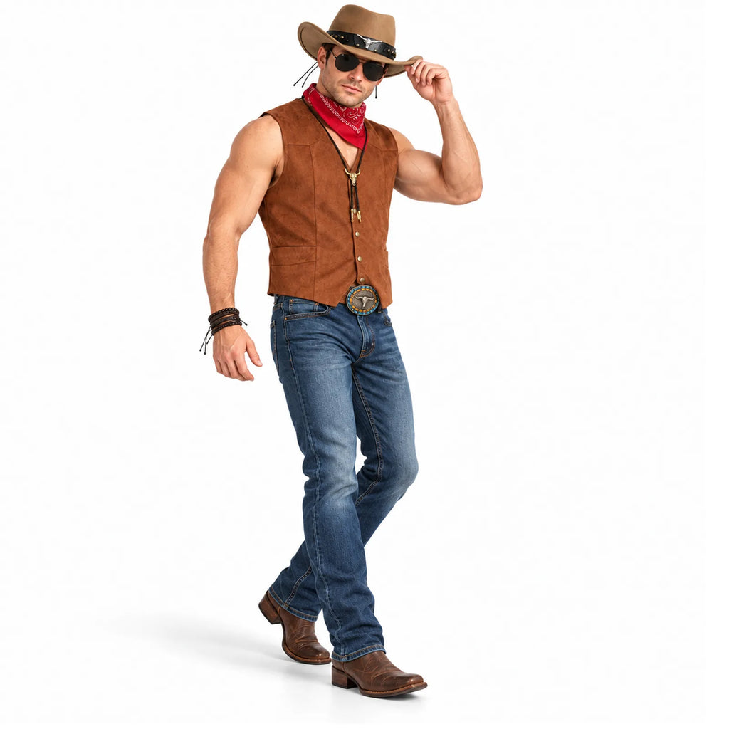 The brown cowboy costume is shown with a buttoned vest as the model tips his longhorn-trimmed hat.