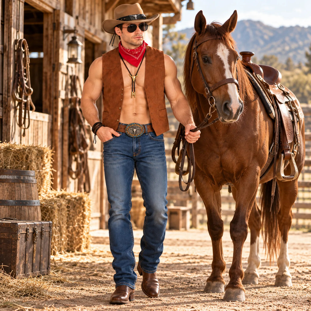 The cowboy costume is styled with its vest open as the model stands beside a horse outside a wooden building.