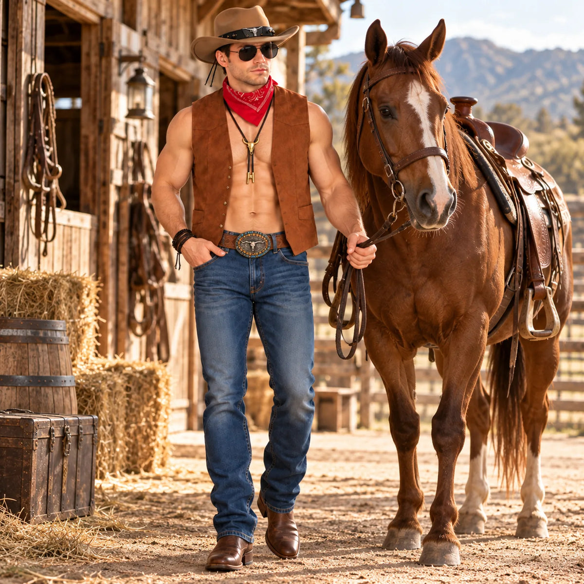 The cowboy costume is styled with its vest open as the model stands beside a horse outside a wooden building.