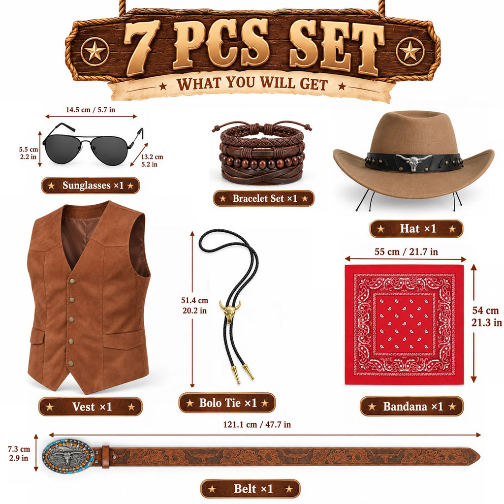 The cowboy costume contents chart labels all seven component groups and shows measurements for the bandana, glasses, bolo and belt.