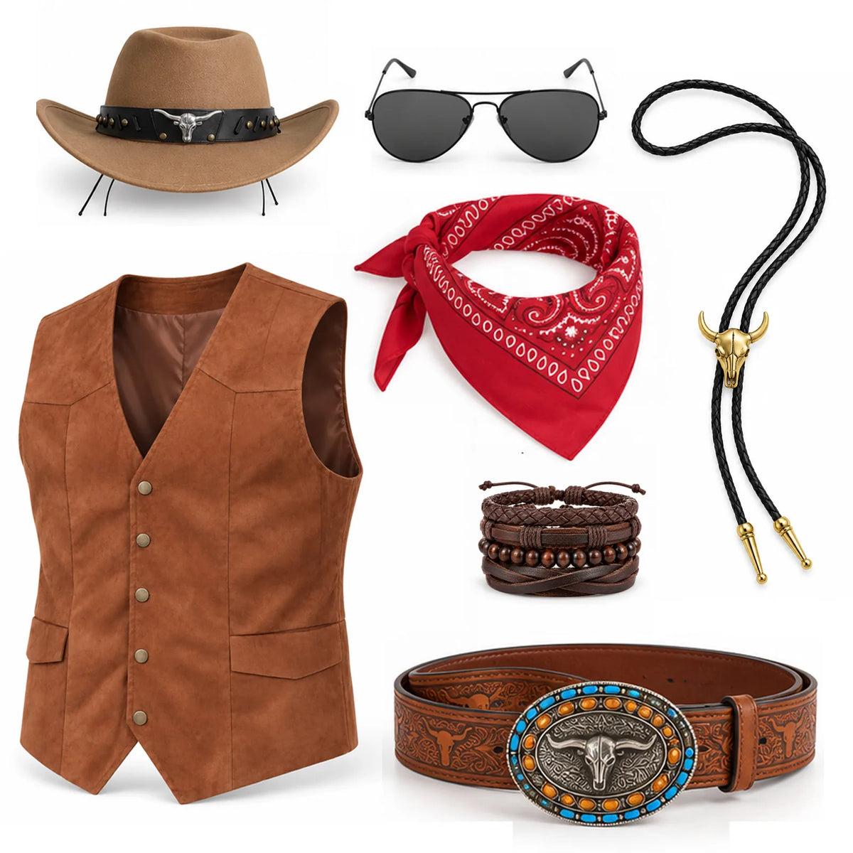 This cowboy costume flat lay displays the vest, hat, sunglasses, bandana, bolo tie, belt and layered bracelet set.