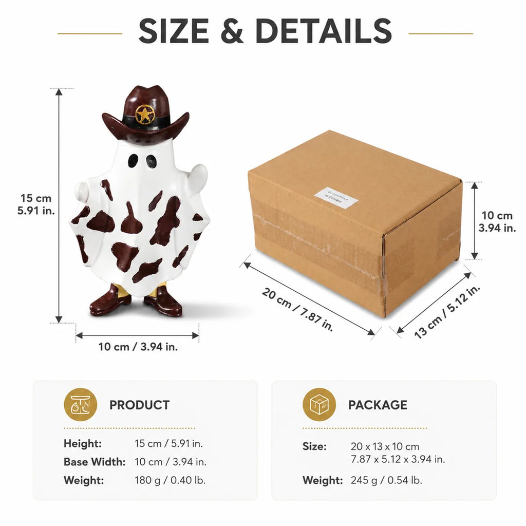 Size graphic shows cowboy ghost figurine and package dimensions and weights.