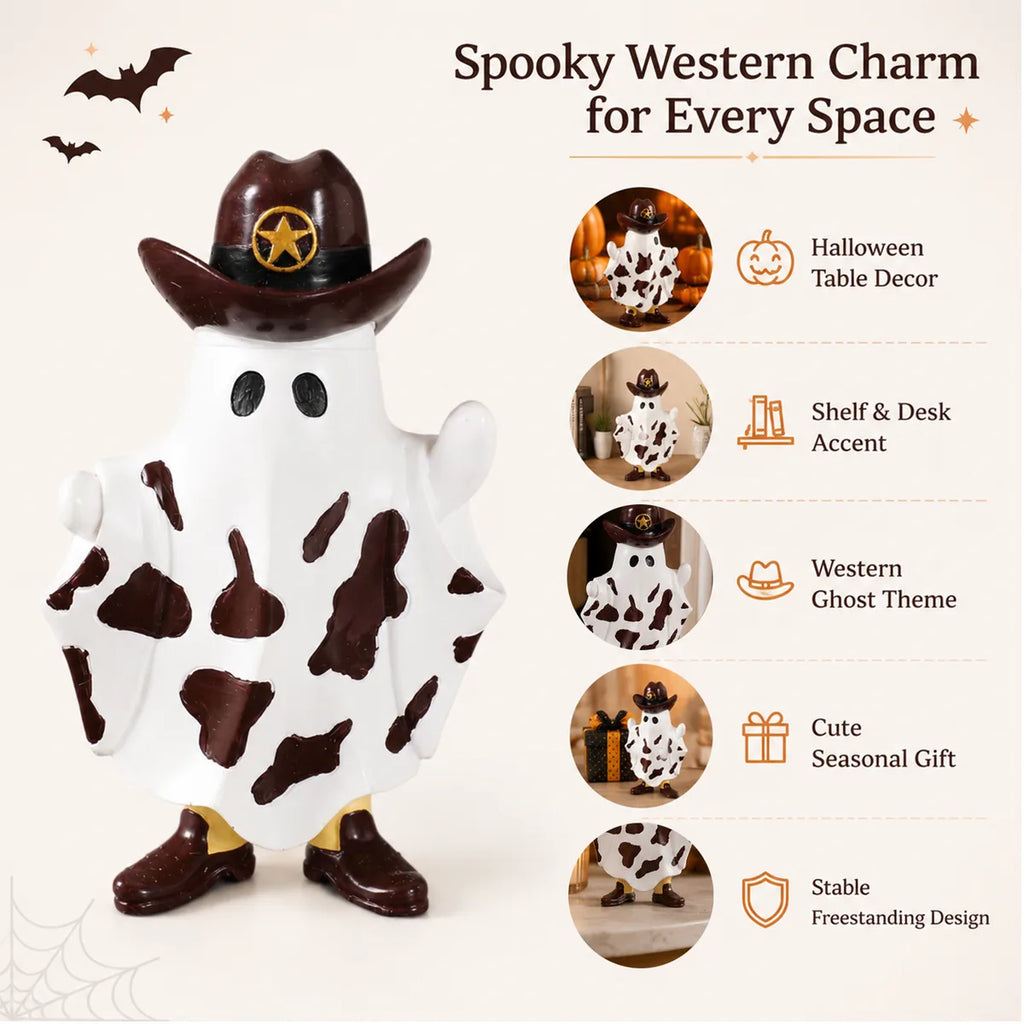 Cowboy ghost figurine shown as shelf, desk, Halloween, and western-themed decor.
