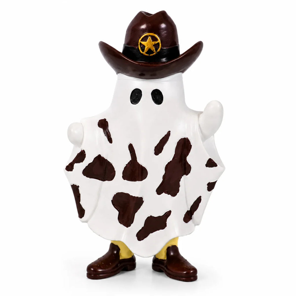 Cowboy ghost figurine with a brown hat, star badge, cow-print body, and boots.