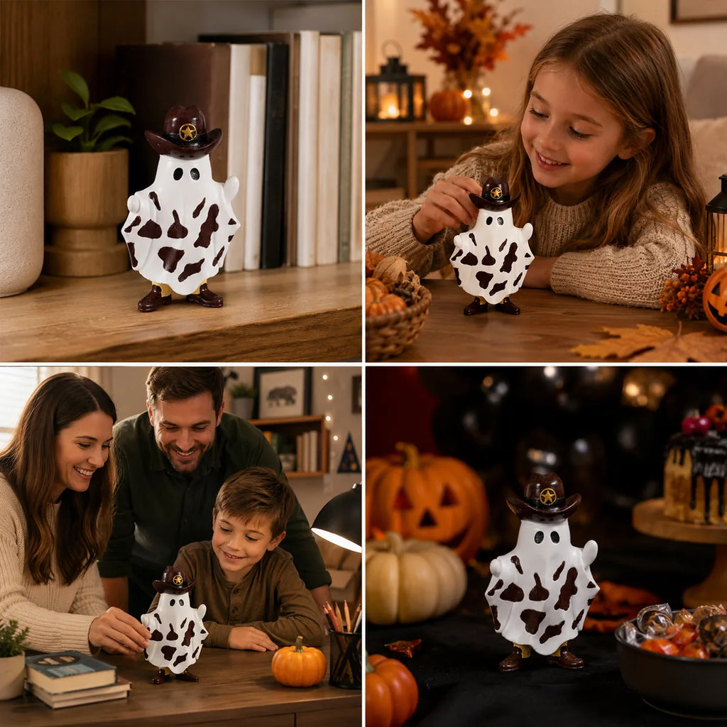 Cowboy ghost figurine shown in several indoor seasonal display settings.