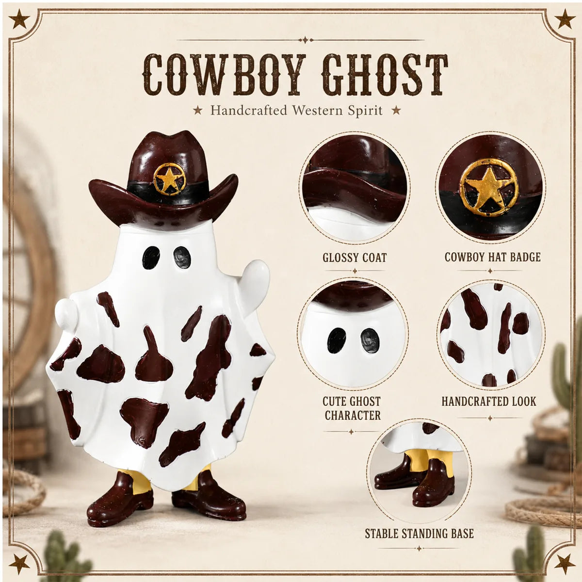 Detail graphic of the cowboy ghost figurine highlights the hat, star badge, face, cow-print body, and boots.