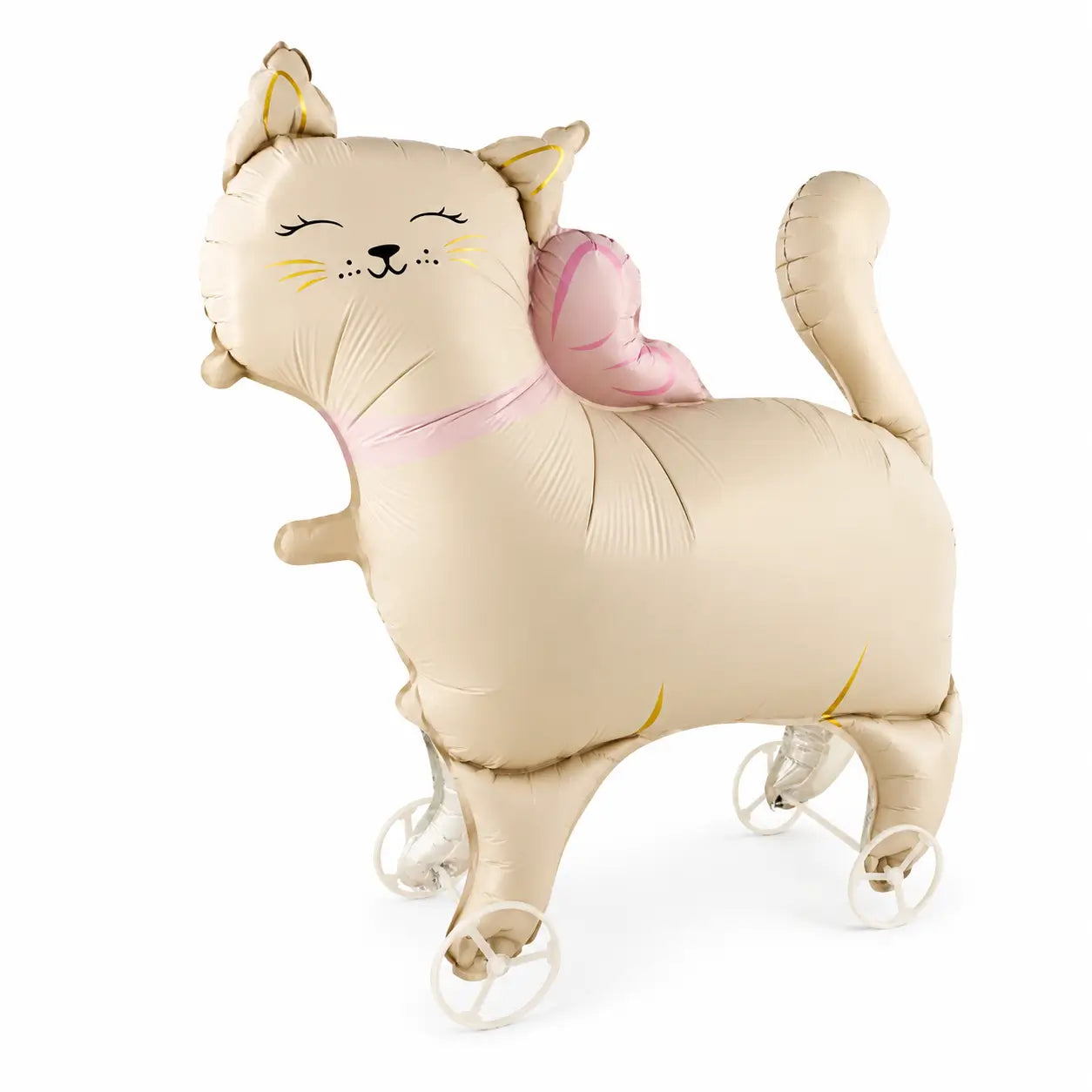 Cream cat walking balloon toy with pink wings on white background