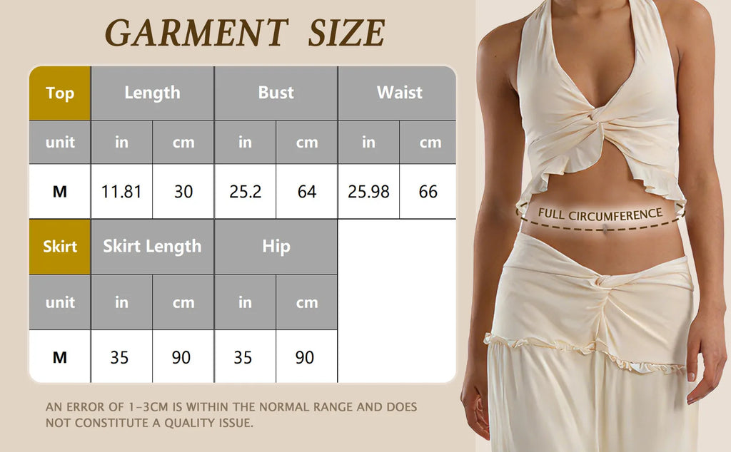 Garment size chart showing the available measurements for the cream halter top and maxi skirt set.
