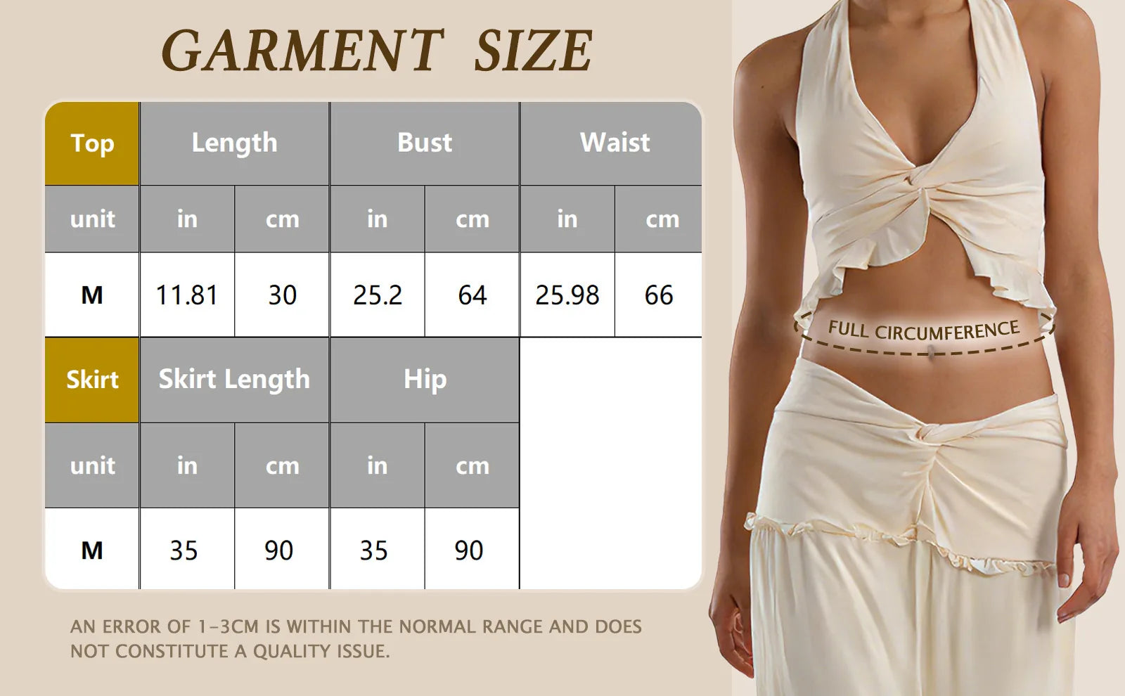 Garment size chart showing the available measurements for the cream halter top and maxi skirt set.