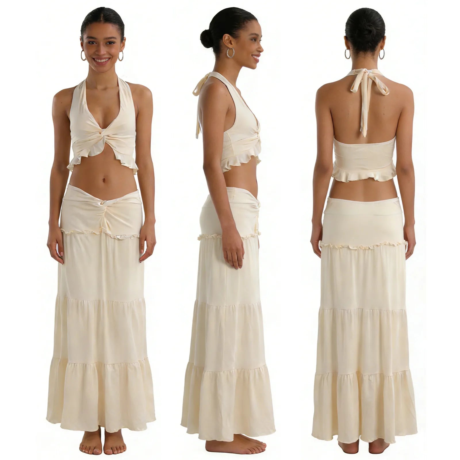 The cream halter top and maxi skirt set is shown from the front, side and back to display its overall fit and silhouette.