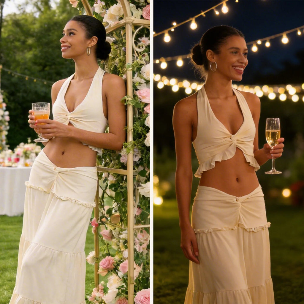 Garden and evening scenes show a woman styling the cream halter top and maxi skirt set while holding a drink.