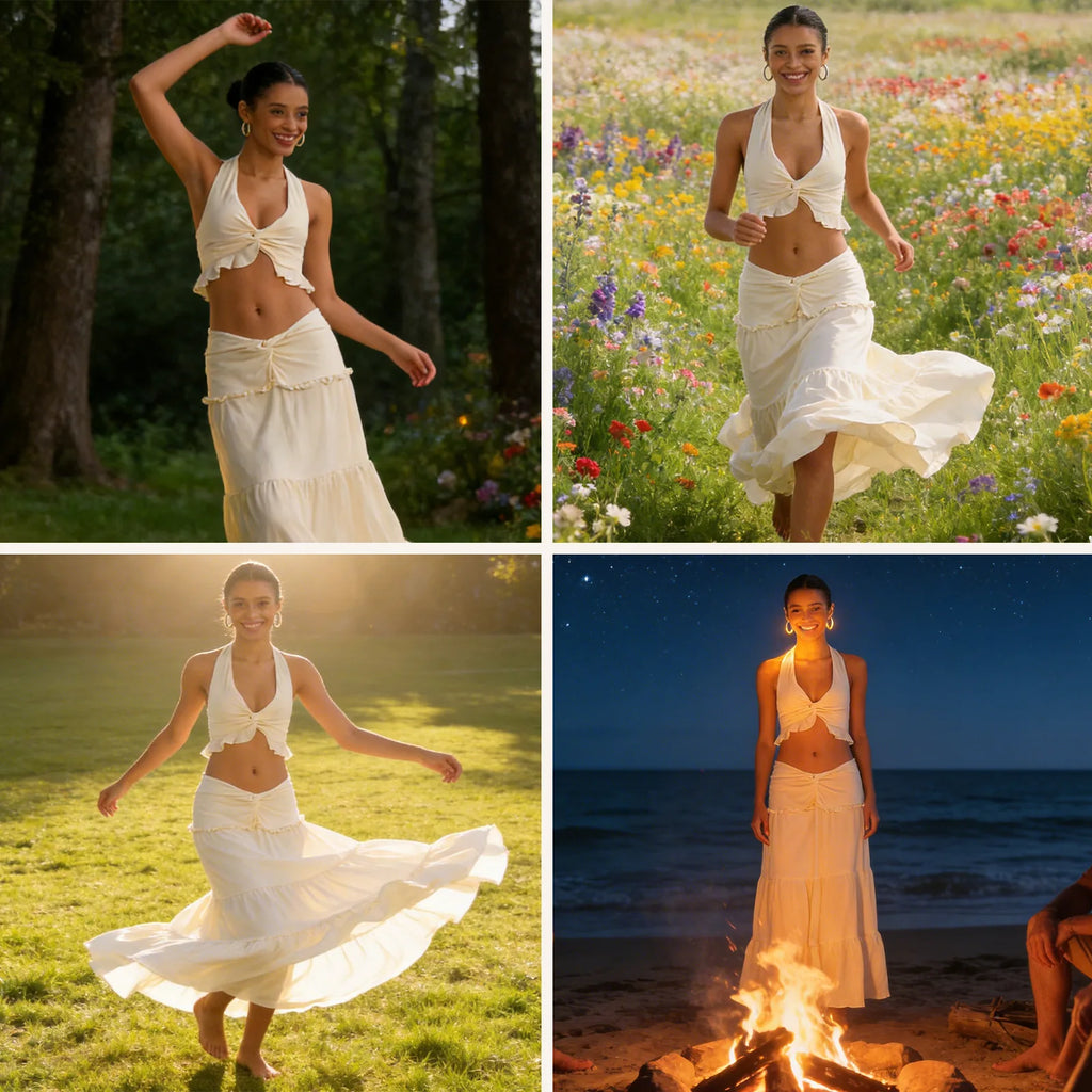 A four-scene collage shows the cream halter top and maxi skirt set worn in meadow, park and beach settings.