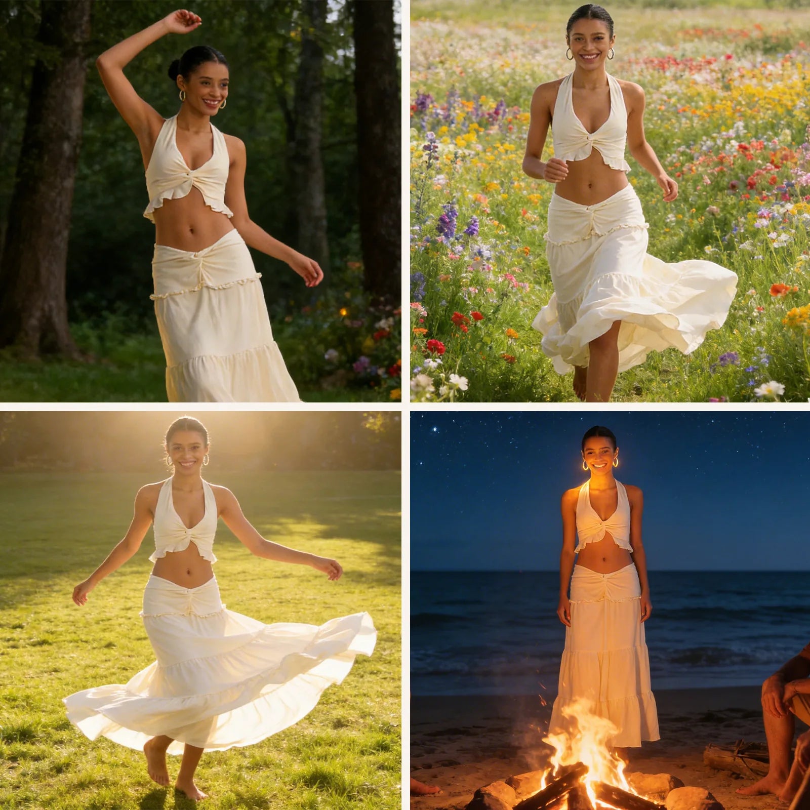 A four-scene collage shows the cream halter top and maxi skirt set worn in meadow, park and beach settings.
