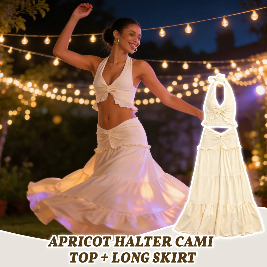 A product detail panel highlights the halter tie, twisted front knot and cream fabric of the cream halter top and maxi skirt set.