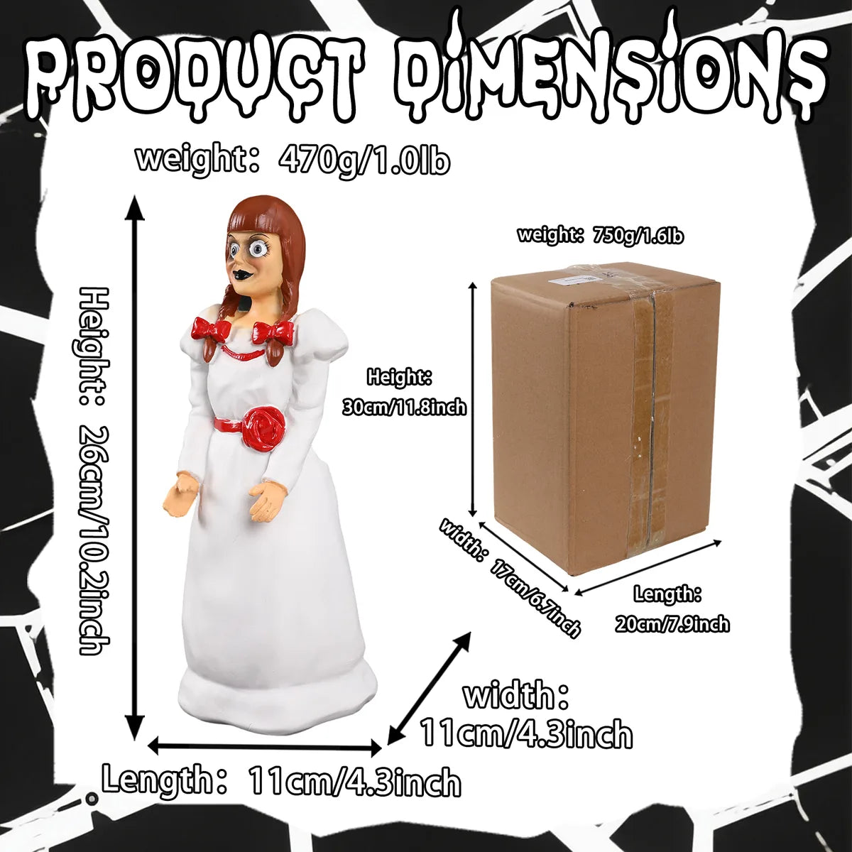 Dimension graphic for the creepy doll popcorn bucket in centimeters and inches.