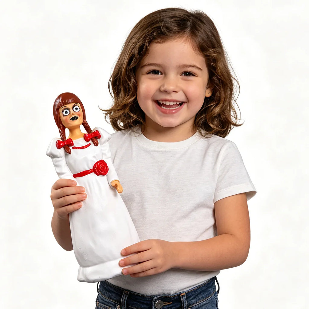 Child holds the creepy doll popcorn bucket to show its scale.