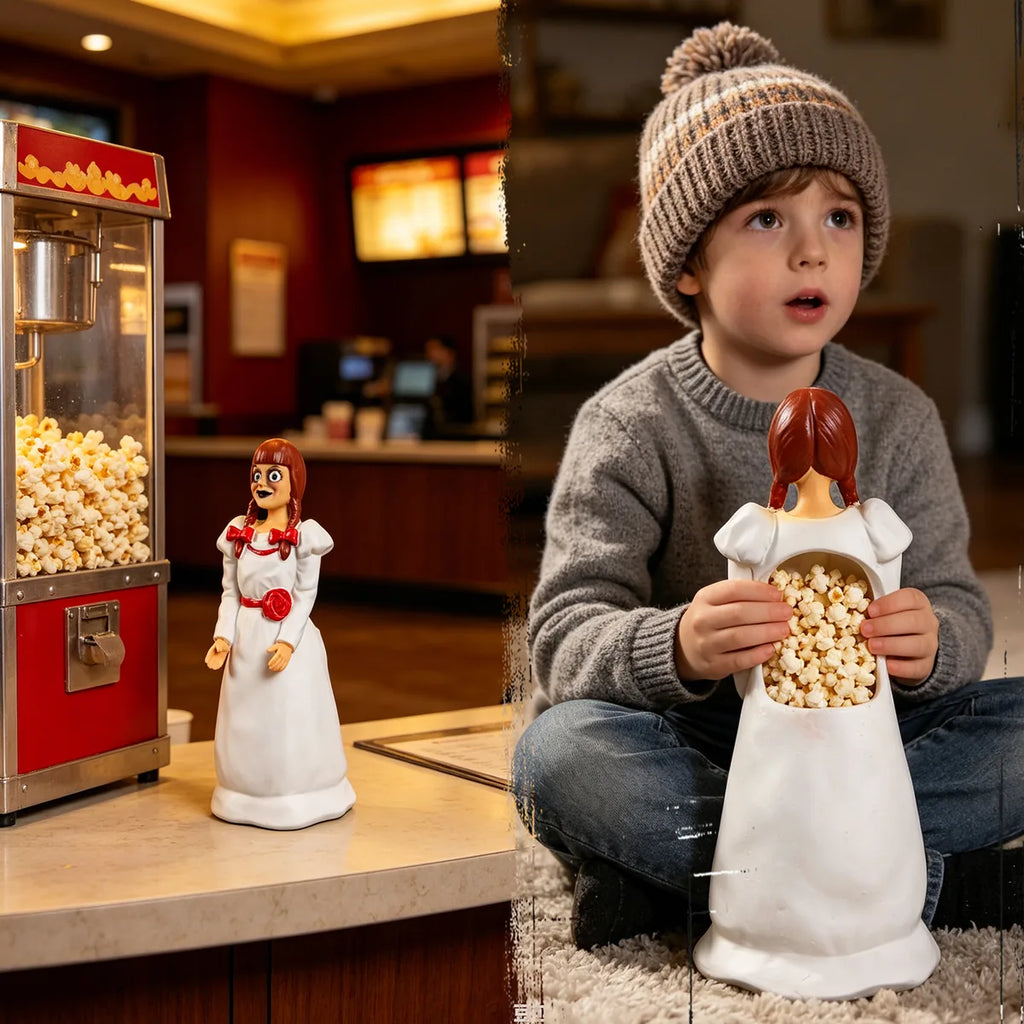 Creepy doll popcorn bucket used beside a popcorn machine in a home theater.