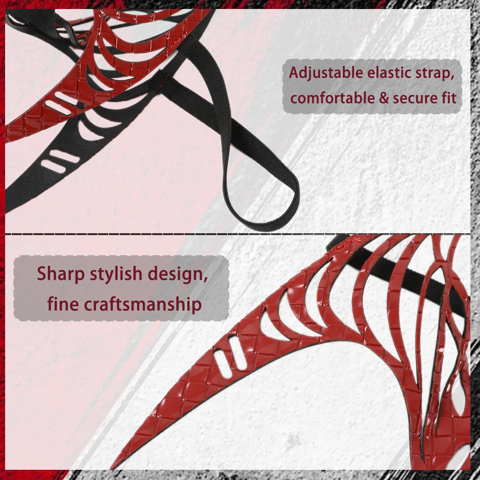 Close-up details of the crimson witch crown headpiece, showing visible texture, color, and construction.