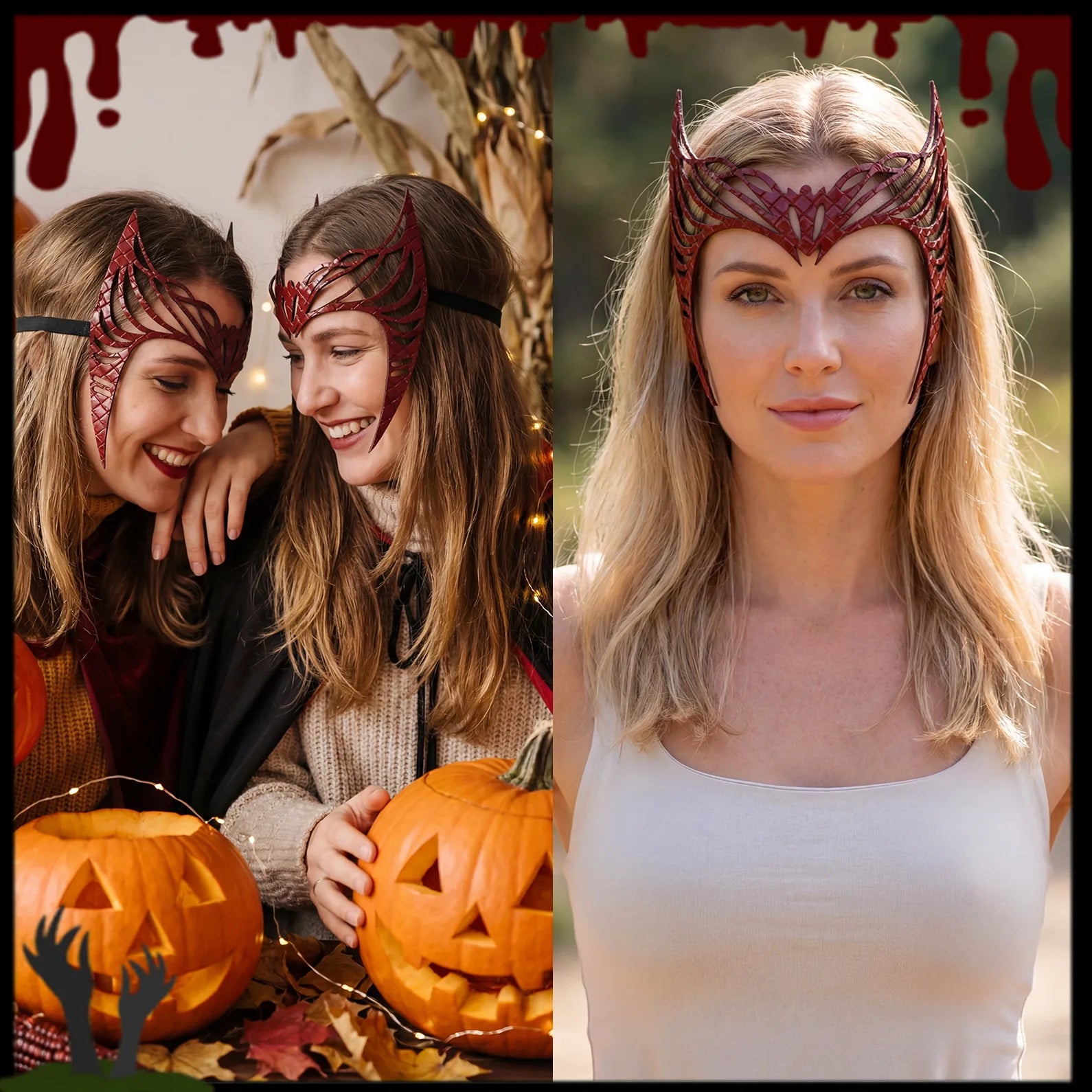 The crimson witch crown headpiece shown across several styled Halloween and event display scenes.