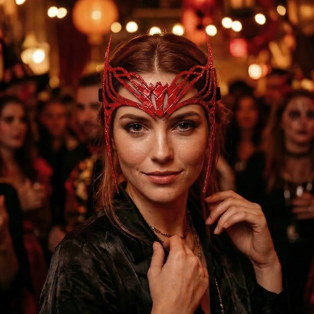 The crimson witch crown headpiece displayed in a styled Halloween scene for visual context.
