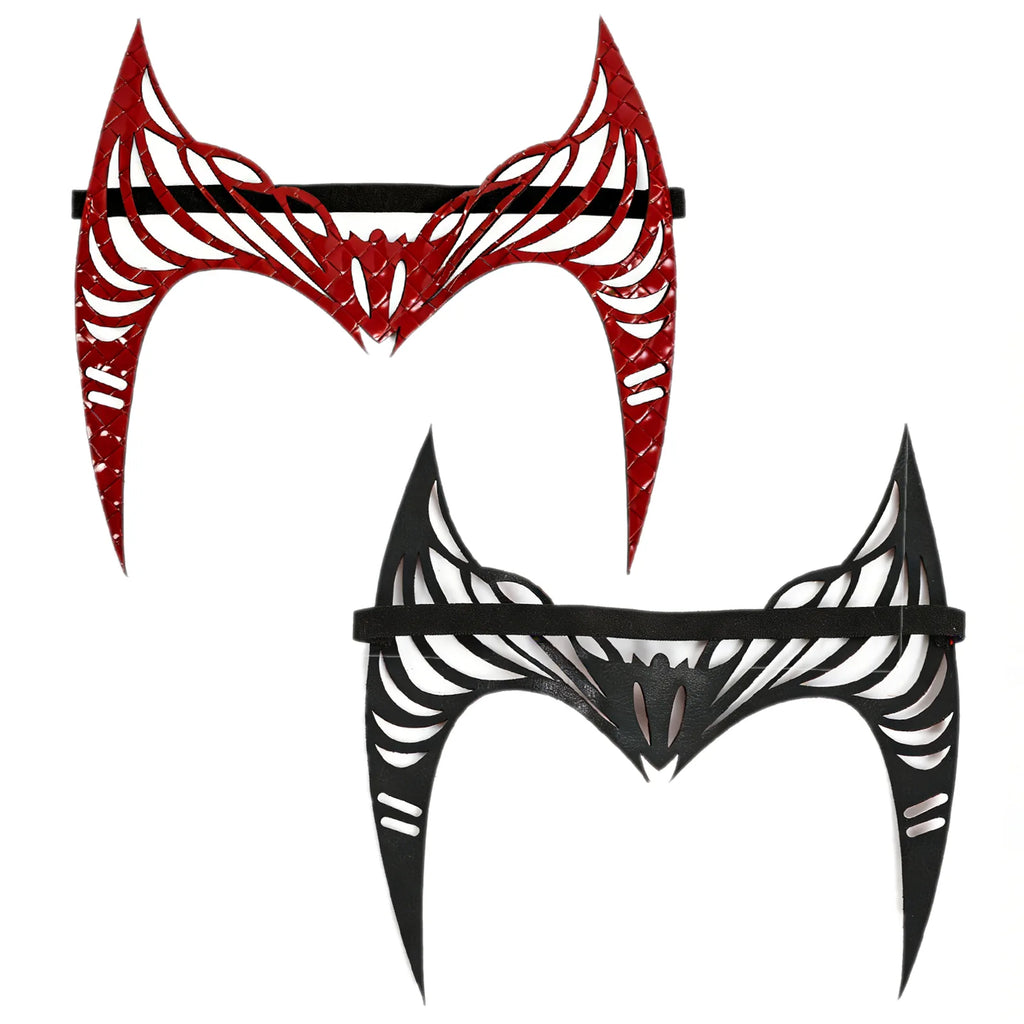Side view of the crimson witch crown headpiece, showing its profile and visible construction details.