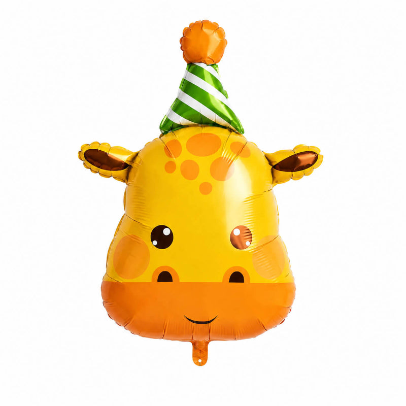 Cute circus giraffe foil mylar balloon with green party hat for kids birthday party, circus theme decoration, animal balloon and carnival party setup.