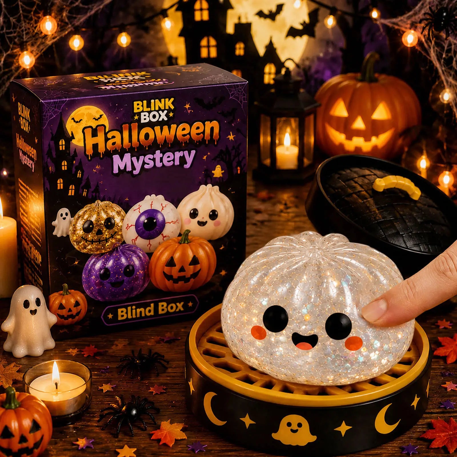 Cute ghost Halloween squishy toy with a soft clear glitter design in a spooky Halloween display box